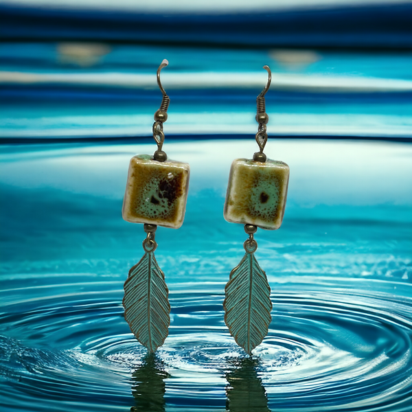 Hand Painted Clay Beads and Feather Dangles, Item #E038