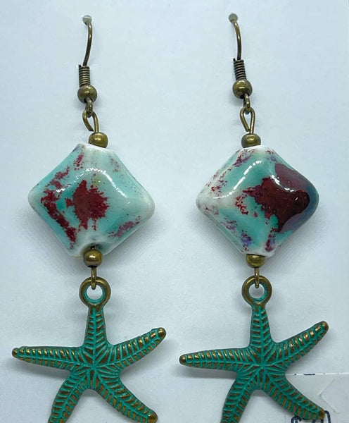 Painted Clay Beads w/Starfish Patina