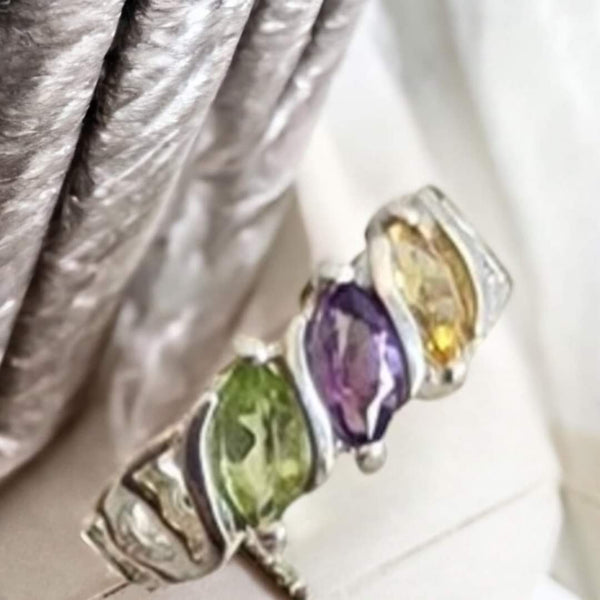 Sterling Silver Peridot, Amethyst, Citrine Ring, Item #SS171 -Size 5 (Dainty)