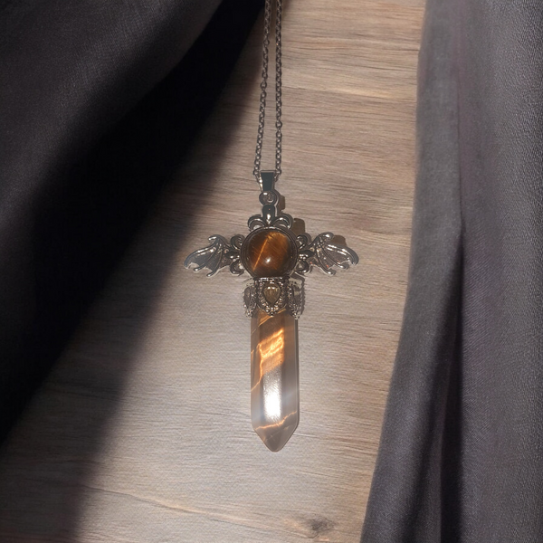 Double Tiger's Eye Pendant w/Bat Wings, Item #P2501