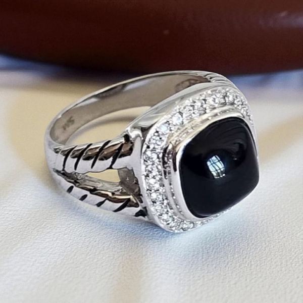 Sterling Silver Black Onyx & Cubic Zirconia Ring, Item #SS219 - Size 9.25