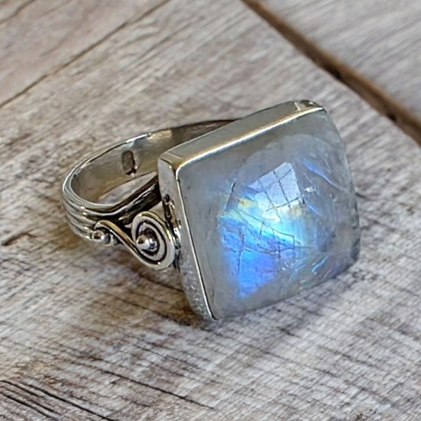 Sterling Silver Rainbow Moonstone Ring, Item #SS233 - Size 7.5
